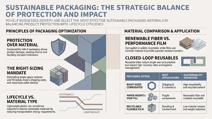 Infographic comparing sustainable packaging materials, right-sized corrugated packaging, paper inserts, recyclable films, and reusable options.